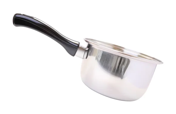Side black handle round stainless pot on white background. — Stock Photo, Image