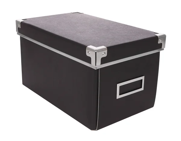 Closed black carton box iron corner on white background. — Stock Photo, Image