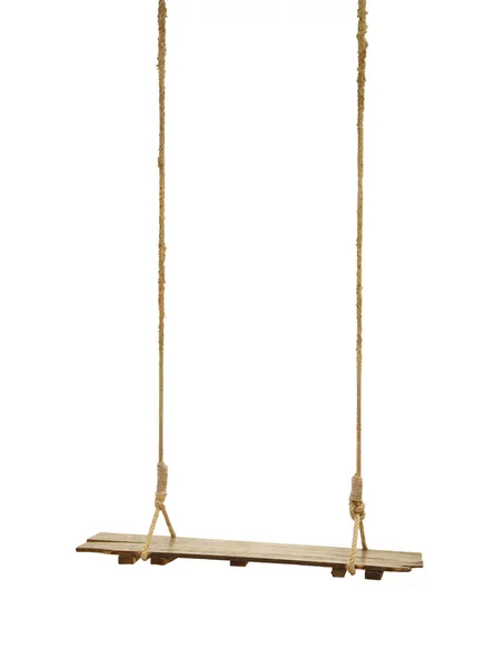 Shabby wooden swing with rope on white background. — Stock Photo, Image