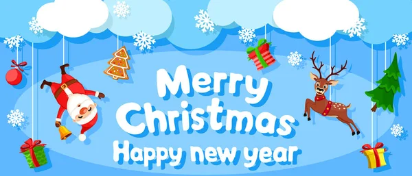 圣诞背景与圣爪 鹿和礼物挂在线从云彩 新年快乐 — 图库矢量图片