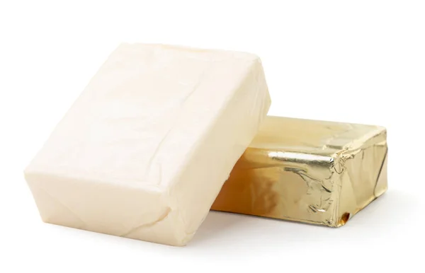 Μεταποιημένο Τυρί Ορθογώνιο Συσκευασία Και Χωρίς Συσκευασία Λευκό Φόντο Μεμονωμένα — Φωτογραφία Αρχείου