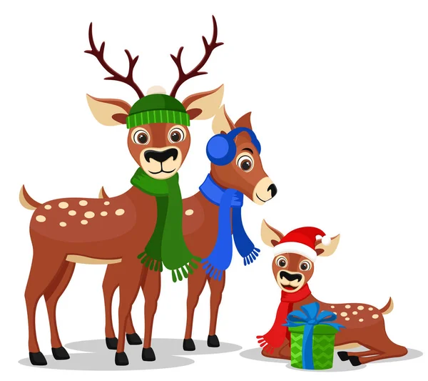 Rodina jelenů v kloboucích a šátcích, charakter. Veselé Vánoce — Stockový vektor