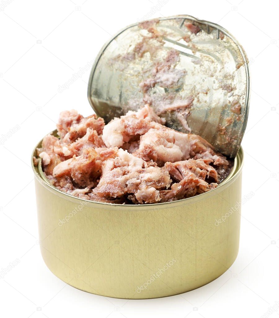 Canned meat open on a white background. Isolated