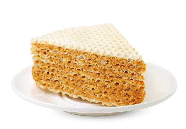 Wafeltaart Stuk Een Plaat Close Een Witte Achtergrond Geïsoleerd — Stockfoto