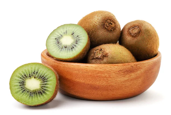 Kiwi Frukt Hela Och Hälften Träplatta Närbild Vit Bakgrund Isolerad — Stockfoto