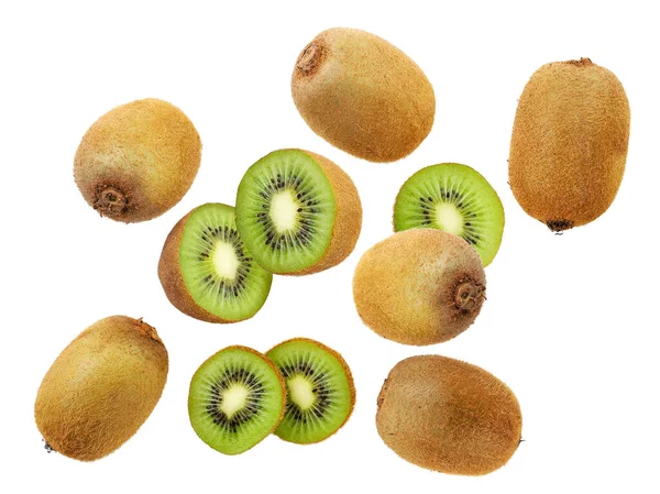 Kiwi Hela Och Halv Närbild Faller Vit Bakgrund Isolerad — Stockfoto