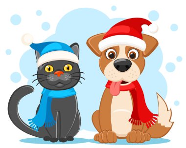 Evcil köpekler ve kediler Noel şapkaları ve eşarpları içinde oturuyorlar. Mutlu Noeller.