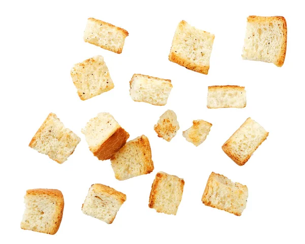 Wheat Square Croutons Croutons Falling Close White Background Isolated — Stock Photo, Image