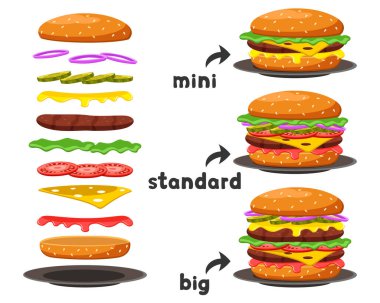 Farklı boyutlarda hamburgerler ve bileşenleri beyaz arka planda..