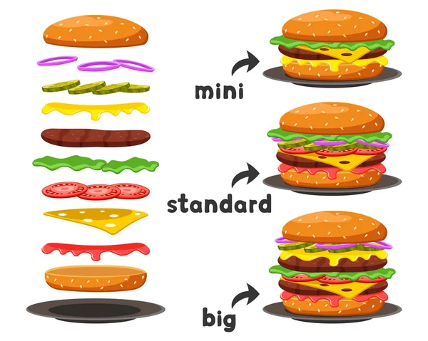 Conjunto Hamburguesas Diferentes Tamaños Sus Componentes Sobre Fondo Blanco — Vector de stock