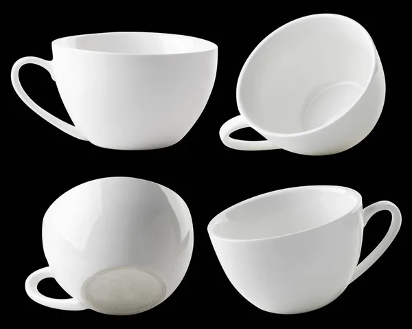 Set of white empty cups of different types on a black. Isolated — Stock Photo, Image