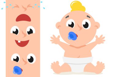 Emziği ve bezi olan bir bebek beyaz arka planda oturur. Duygular dizisi