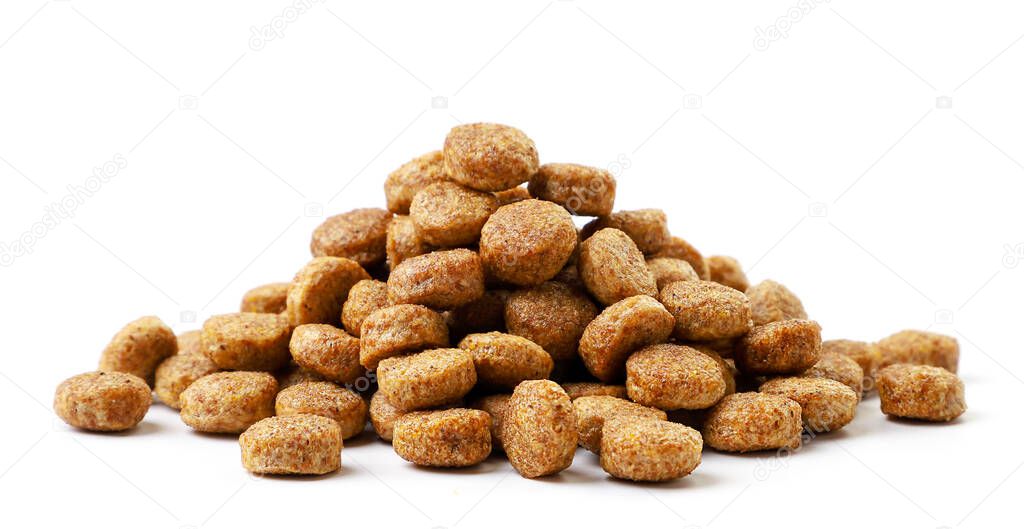 Heap of dry dog food on a white background. Isolated