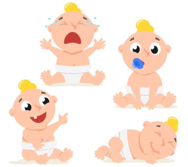 Bebek bezli bir bebek beyaz bir arka planda farklı duygular içinde oturur ve uyur. Karakter