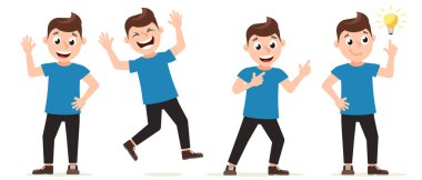 Beyaz arka planda farklı pozlar veren bir grup insan. Karakter