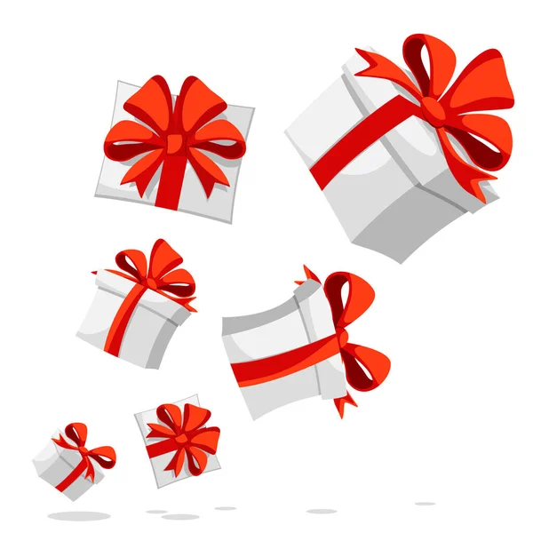 白色盒子里的红色蝴蝶结礼物在白色的背景上飘扬 征收礼物税 — 图库矢量图片