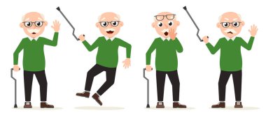 Bir grup büyükbaba bir baston ve bir dizi duyguyla ayakta duruyor. Karakter