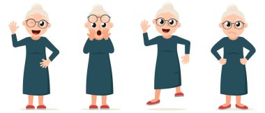 Farklı duyguları olan bir büyükanne seti beyaz bir arkaplanda duruyor. Karakter