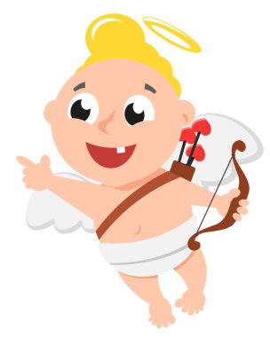 Ok ve yaylı bir aşk tanrısı uçar ve beyaz arka planda bir parmak gösterir. Karakter, Sevgililer Günü