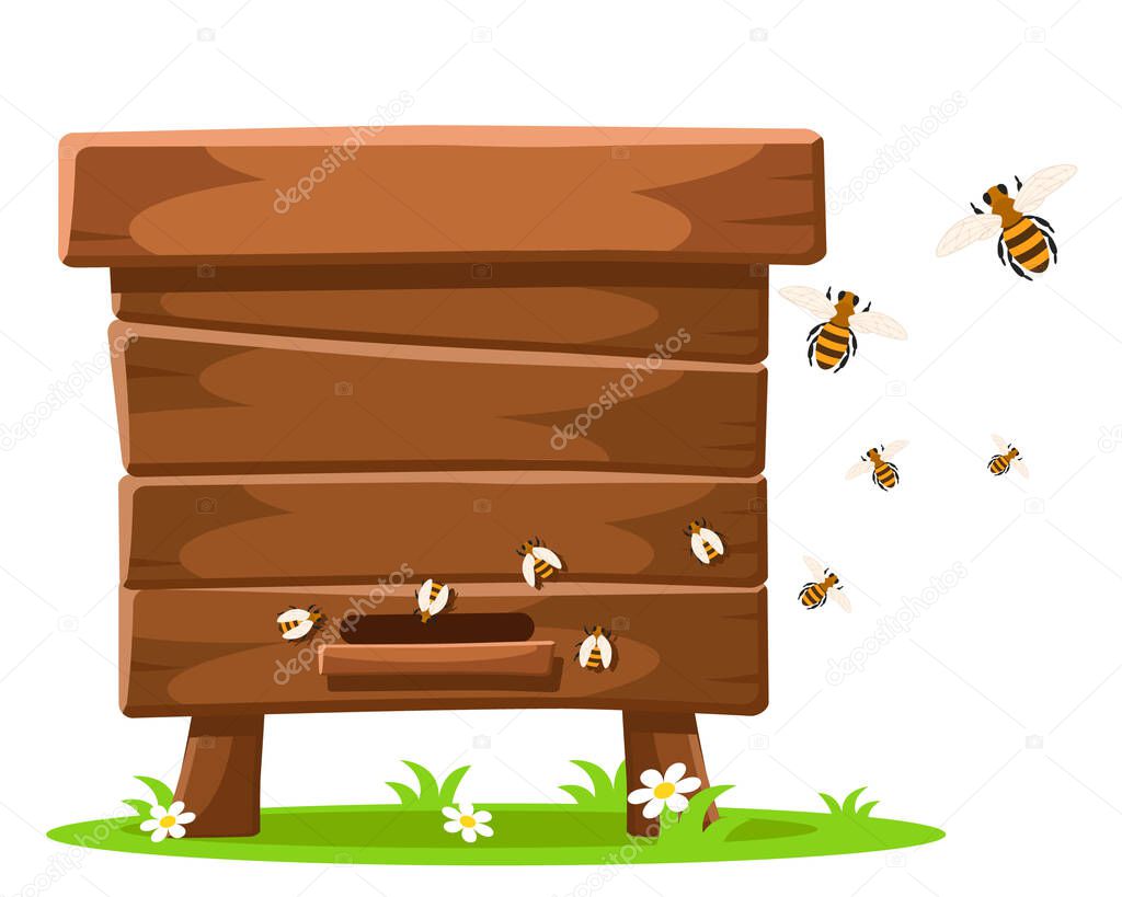 A wooden bee hive stands in a clearing