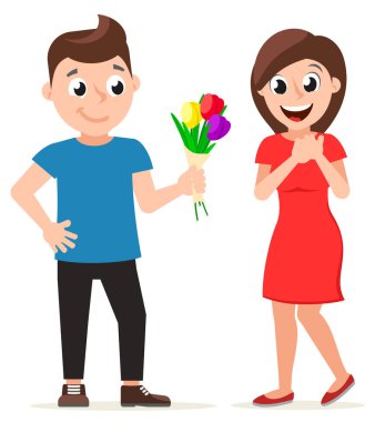 Bir erkek, elbiseli mutlu bir kadına çiçek verir. Karakter, Sevgililer Günü