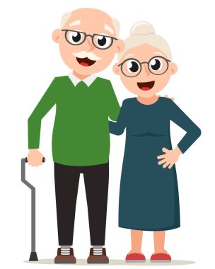 Büyükbabalar kucaklaşır ve beyaz bir arka planda gülümserler. Karakterler