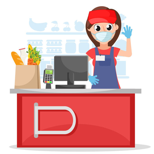Woman cashier in a medical mask and gloves.