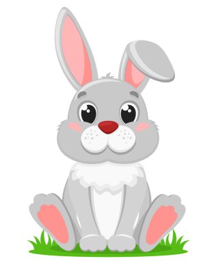 Gri tavşan çimlerin üzerinde oturur. Karakter