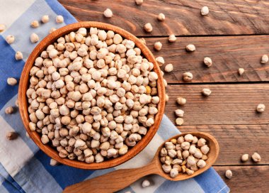 Bir tabakta kuru nohut ve tahta bir arka planda kaşıkla yakın plan. Yukarıdan görünüm