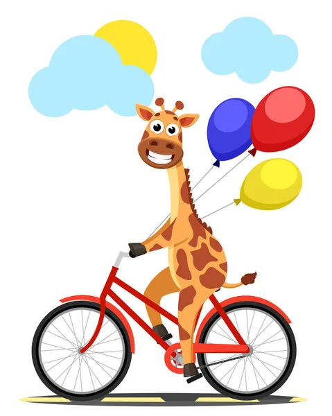 Jirafa Monta Una Bicicleta Con Globos Sobre Fondo Blanco Personaje — Archivo Imágenes Vectoriales