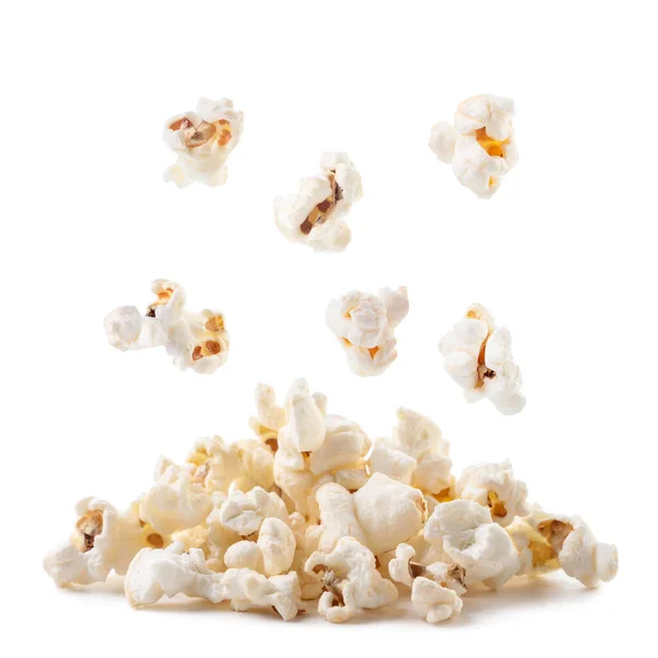 Popcorn Tombe Sur Tas Gros Plan Sur Fond Blanc Isolé — Photo