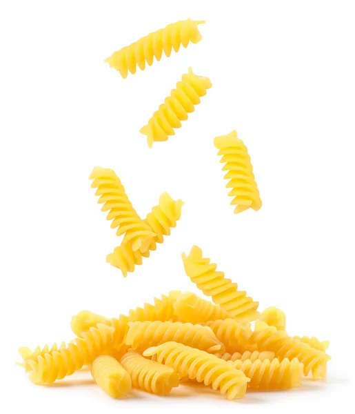 Spiral Pasta Faller Hög Närbild Vit Bakgrund Isolerad — Stockfoto