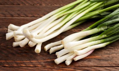 Bir demet yeşil sarımsak ve soğan ahşap arka planda kapanıyor.