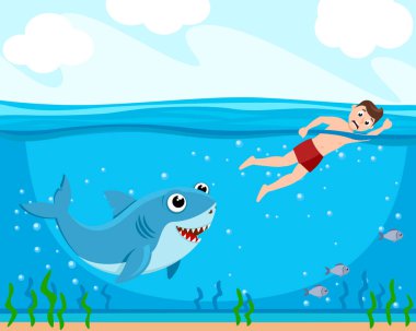 Köpekbalığı bir adamı kovalıyor, sualtı dünyası doğası. Karakter