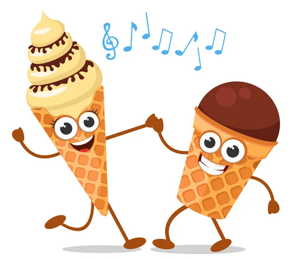 冰淇淋 华夫饼和华夫饼杯在白色的背景上跳舞 — 图库矢量图片