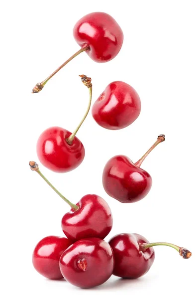 Ripe Cherry Berries Fall Close White Background Isolated — Zdjęcie stockowe