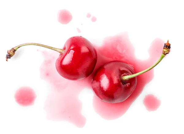 Two Ripe Cherries Crushed Own Juice White Background Top View — Stockfoto