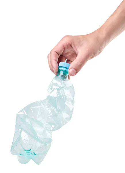 Zgnieciona Plastikowa Butelka Ręcznym Zbliżeniu Białym Tle Izolacja — Zdjęcie stockowe