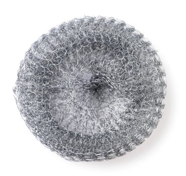 Beyaz arka planda metal sünger, izole edilmiş. Yukarıdan görünüm