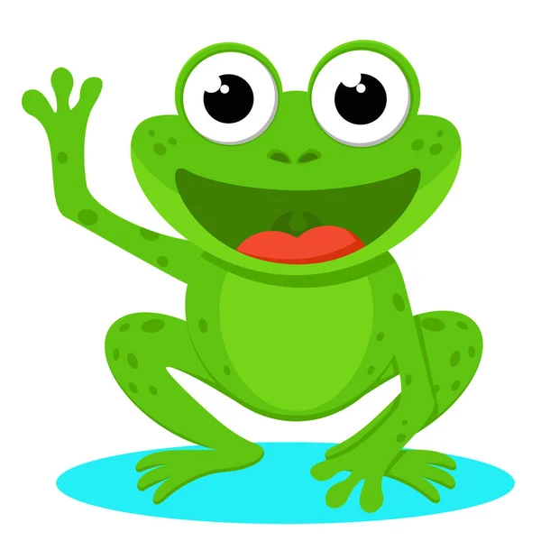 Grüner Frosch Sitzt Lächelnd Und Winkt Auf Weißem Hintergrund Der — Stockvektor