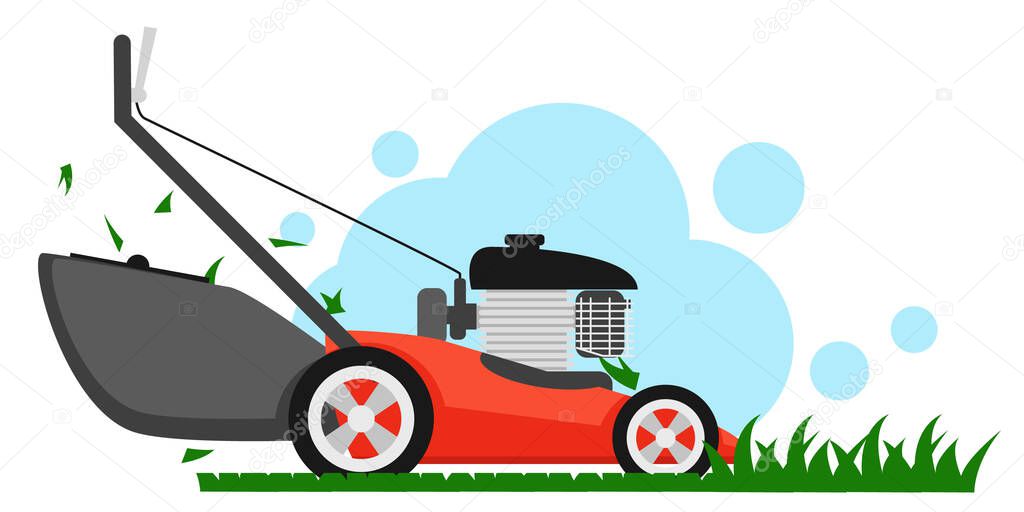 A lawn mower mows green grass on a white background. Lawn care