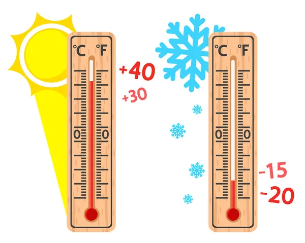 Set Holzthermometer Niedrige Und Hohe Temperatur Mit Sonne Und Schneeflocken — Stockvektor