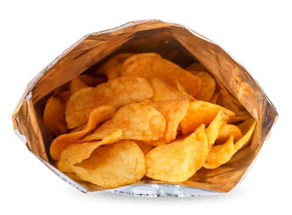 Kartoffelchips Einer Verpackung Großaufnahme Auf Weißem Hintergrund Isoliert — Stockfoto