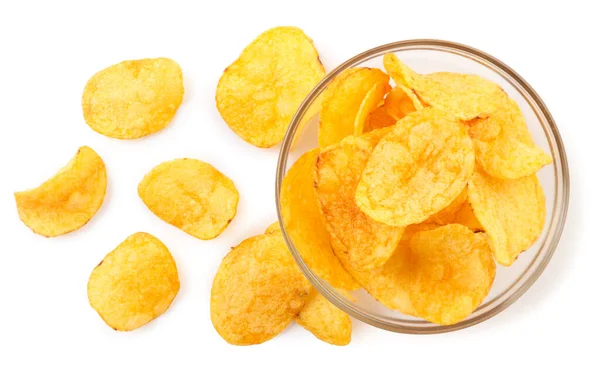 Potato Chips Sprinkled Glass Plate Close White Background Top View — Stock Photo, Image