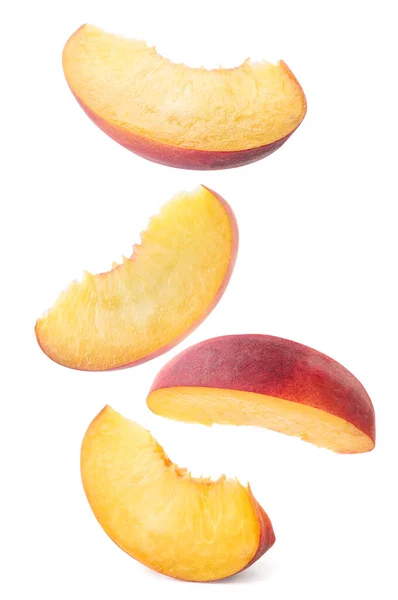 Peach Slices Falling Close White Background Levitating Peach Isolated — Stock Photo, Image