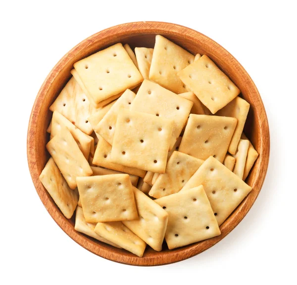 Crackers Egy Lemez Közelkép Egy Fehér Háttér Elszigetelt Kilátás Felülről — Stock Fotó