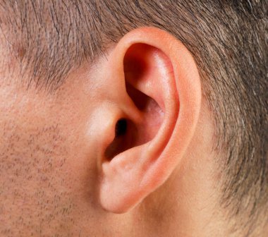 Kafasının arka planında bir adamın kulağı var. İnsan organı