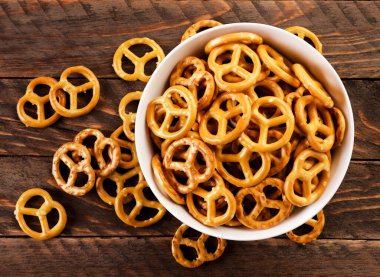 Pretzel in a plate close-up on a wooden background. The view from top