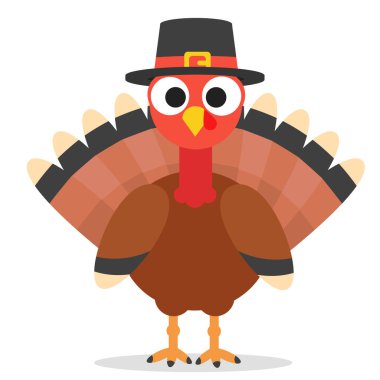 A turkey bird in a hat stands on a white background. Thanksgiving Day
