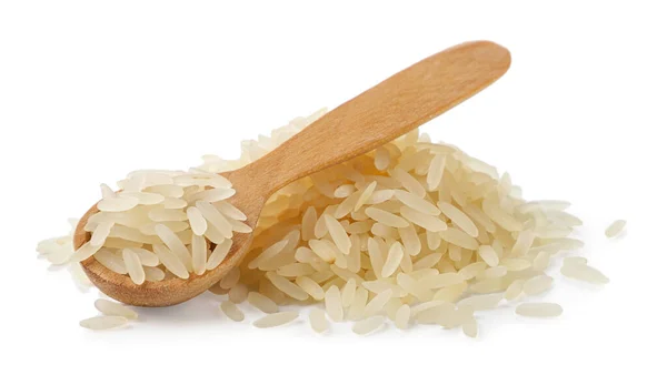 Heap Raw Rice Rice Wooden Spoon Close White Background Isolated — Stock Photo, Image